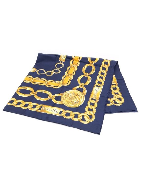 Chanel Cambon Line Chain Belt Pattern Vintage Silk Scarf Navy Gold main image 4